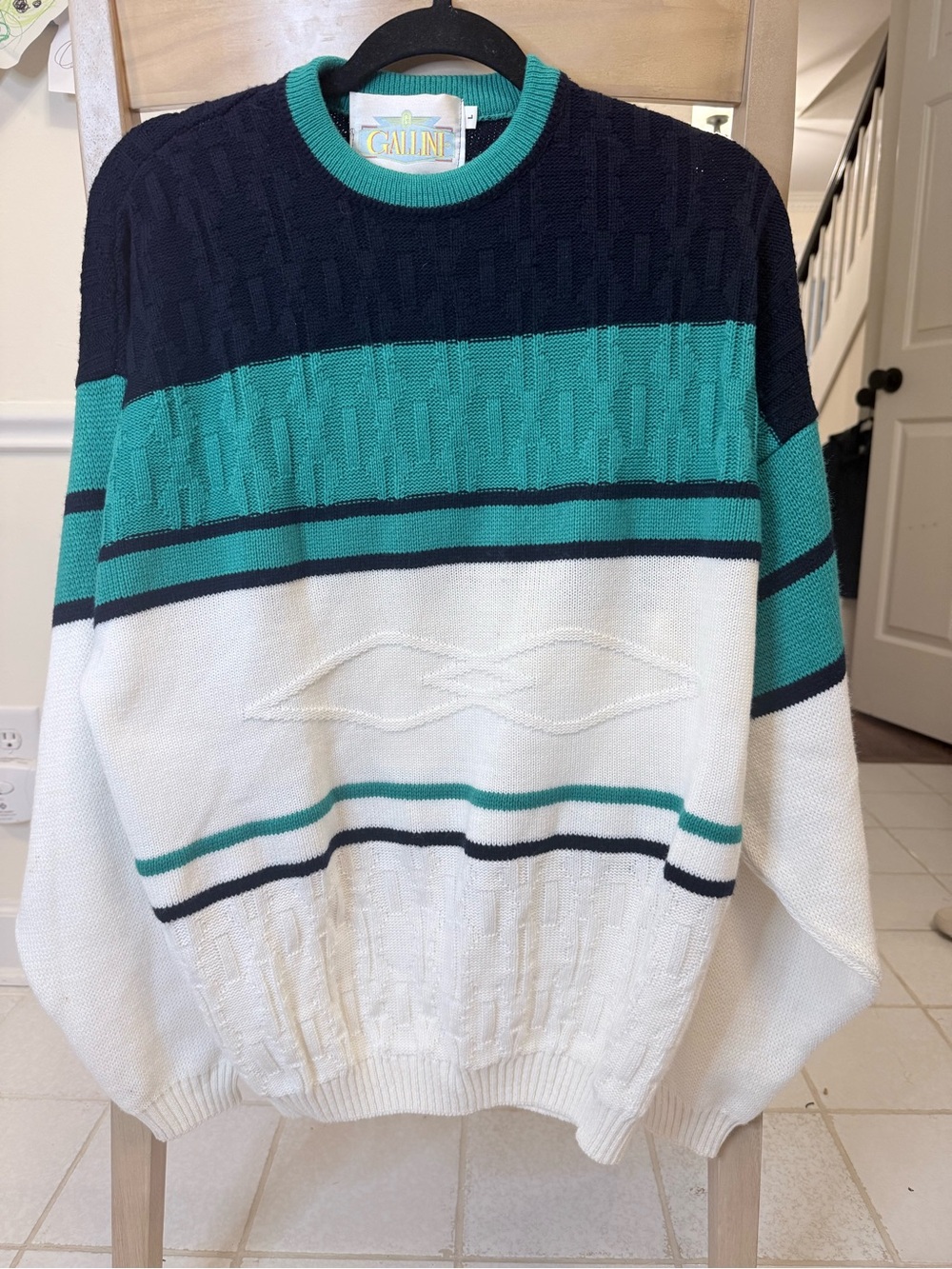 Vintage Men’s Crewneck Sweater - Teal, Navy & White